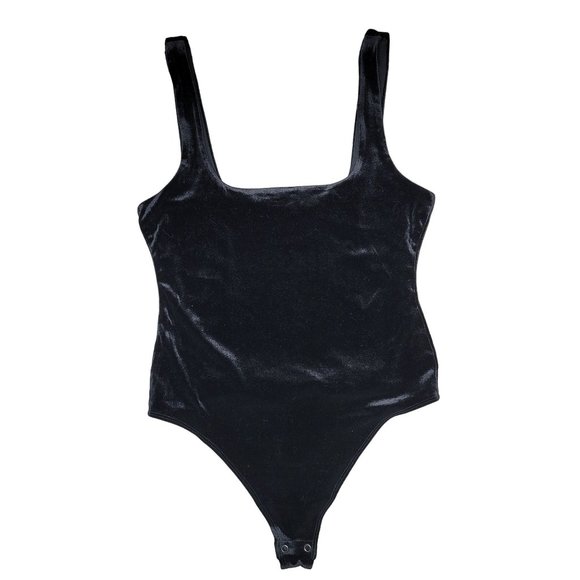 Good American Crushed Black Velvet Scoop Neck thong Tank Bodysuit size 2 - Picture 1 of 4